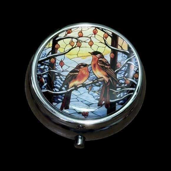 Unbranded Other - Cute Birds on Limb Portable Round Metal Pill Organizer Case